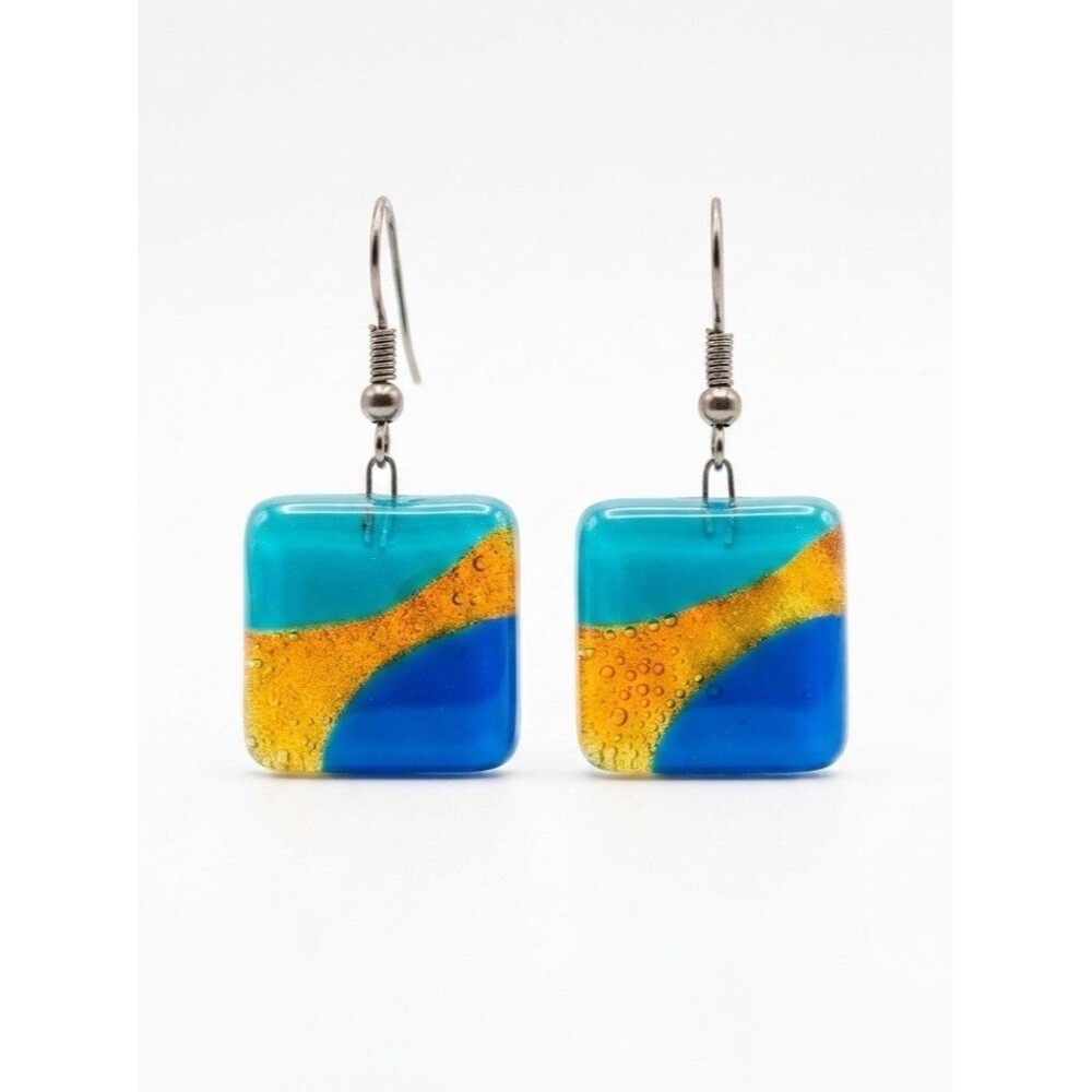 Tili Glass Handmade Earrings Chile Square Fused Art Glass Blue Gold Dangle Drop